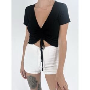 Garage Black Ribbed Drawstring V-Neckline Short Sleeve Top Size Large